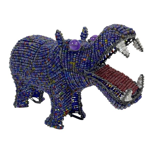 Handmade Other - South Africa Hippo African Art Wire Blue Beaded Hippopotamus Handmade Sculpture